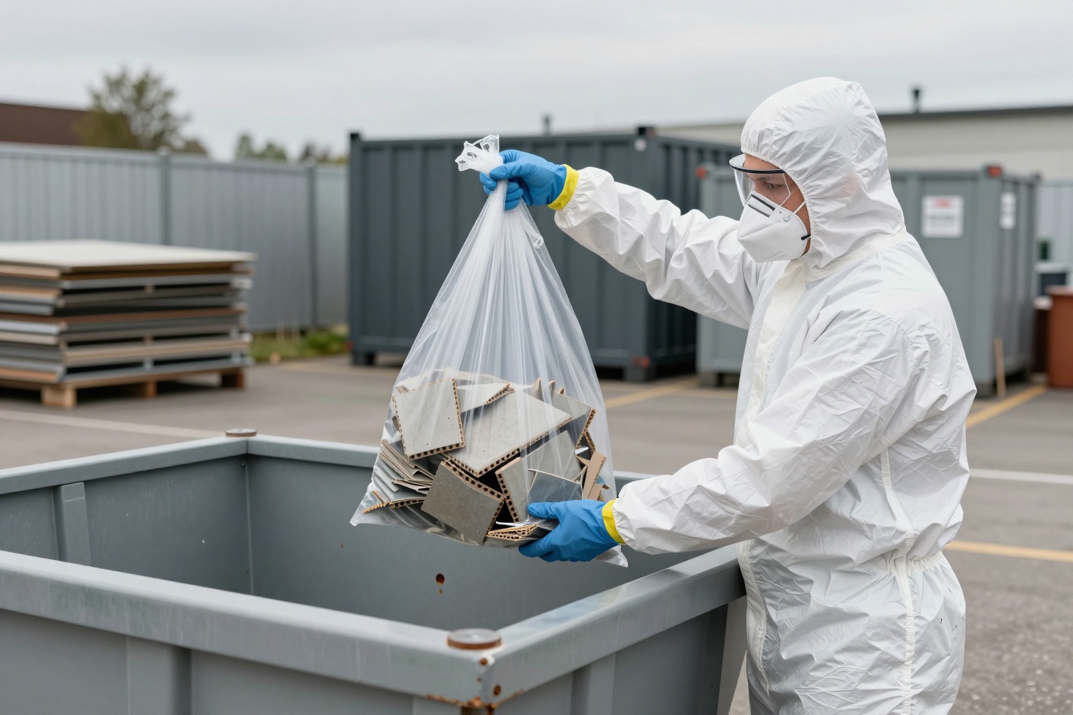 Arbeiter in Schutzanzug und Atemschutzmaske entsorgt verpackte Asbestzementplatten am Wertstoffhof