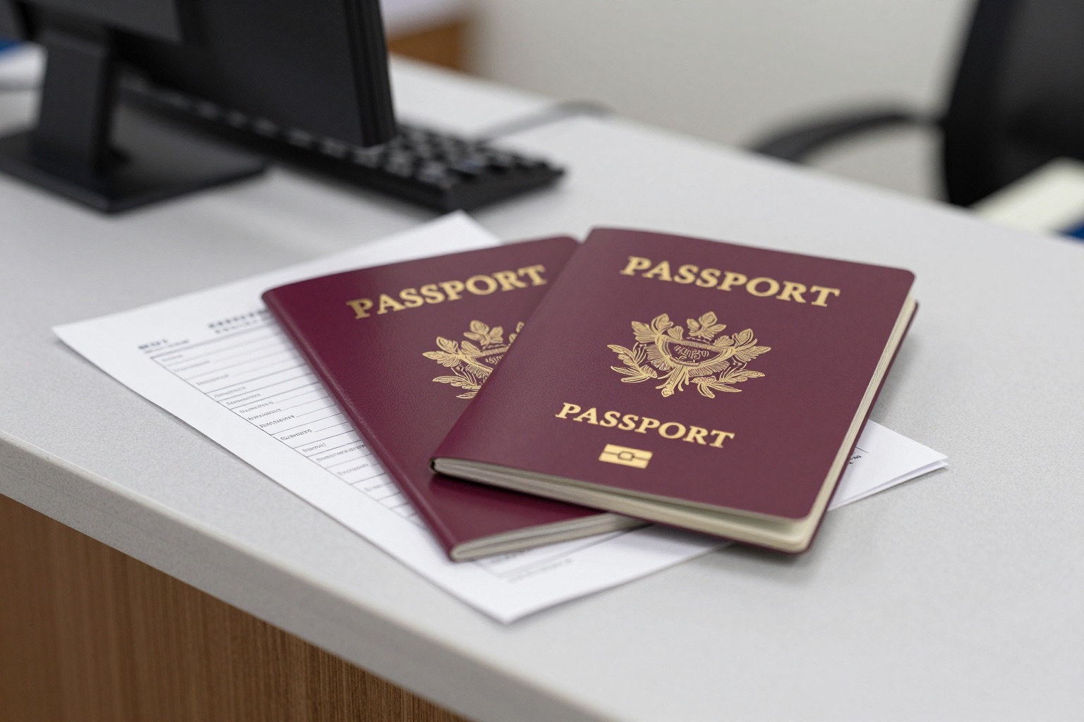 Reisepass und Unterlagen am Schalter einer Behörde