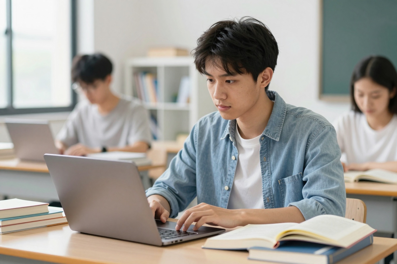 Studentin lernt mit Laptop und Büchern am Schreibtisch
