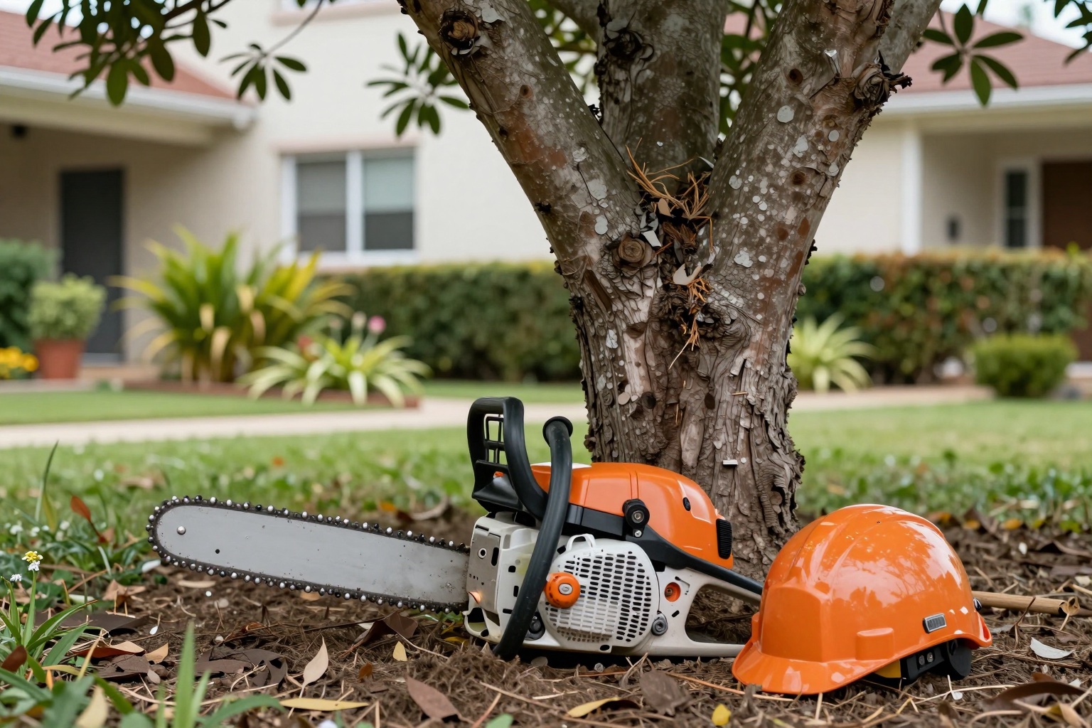 Großer Baum im Garten mit Kettensäge und Schutzhelm