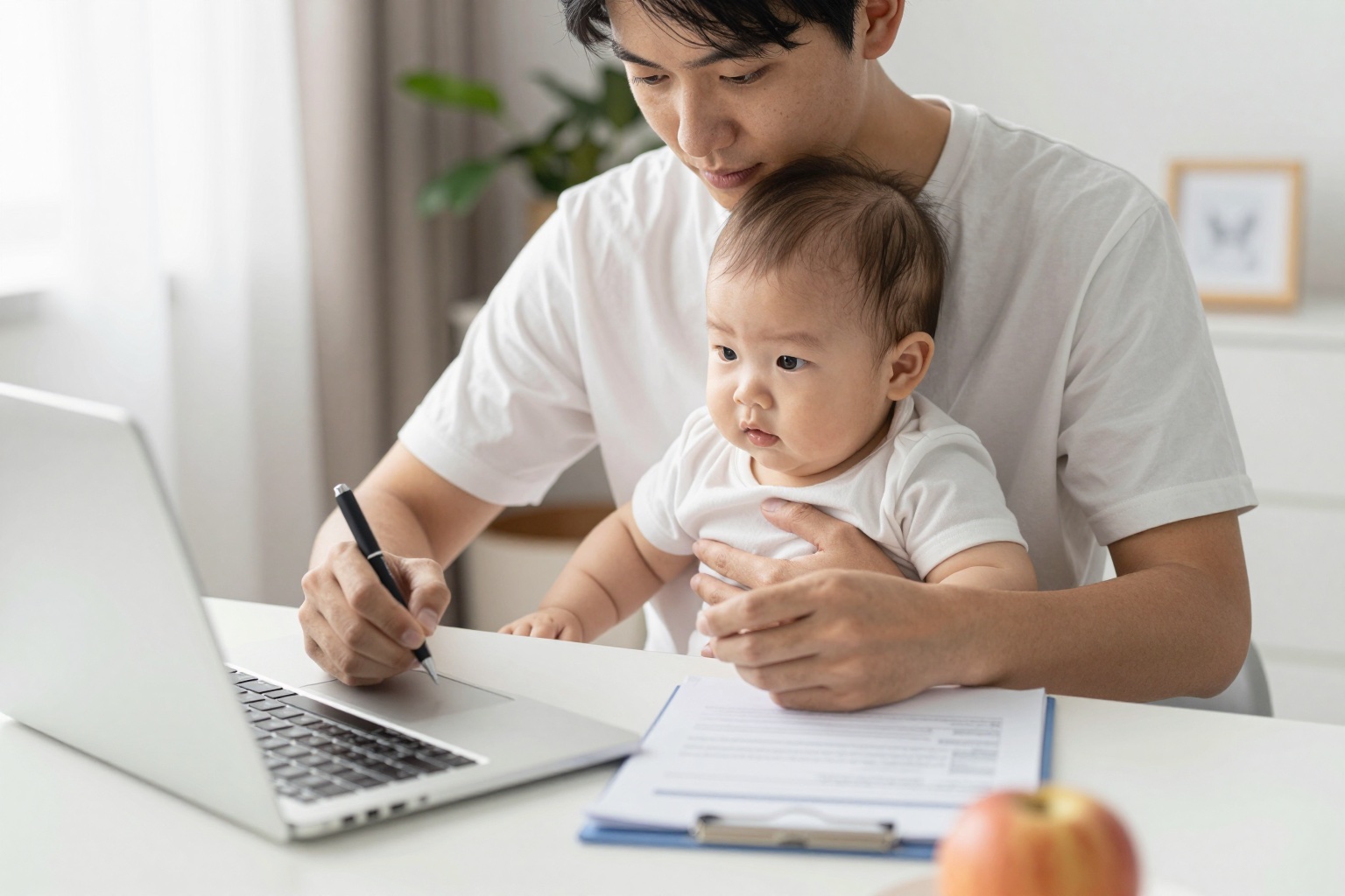 Elternteil mit Baby füllt einen Antrag am Laptop aus