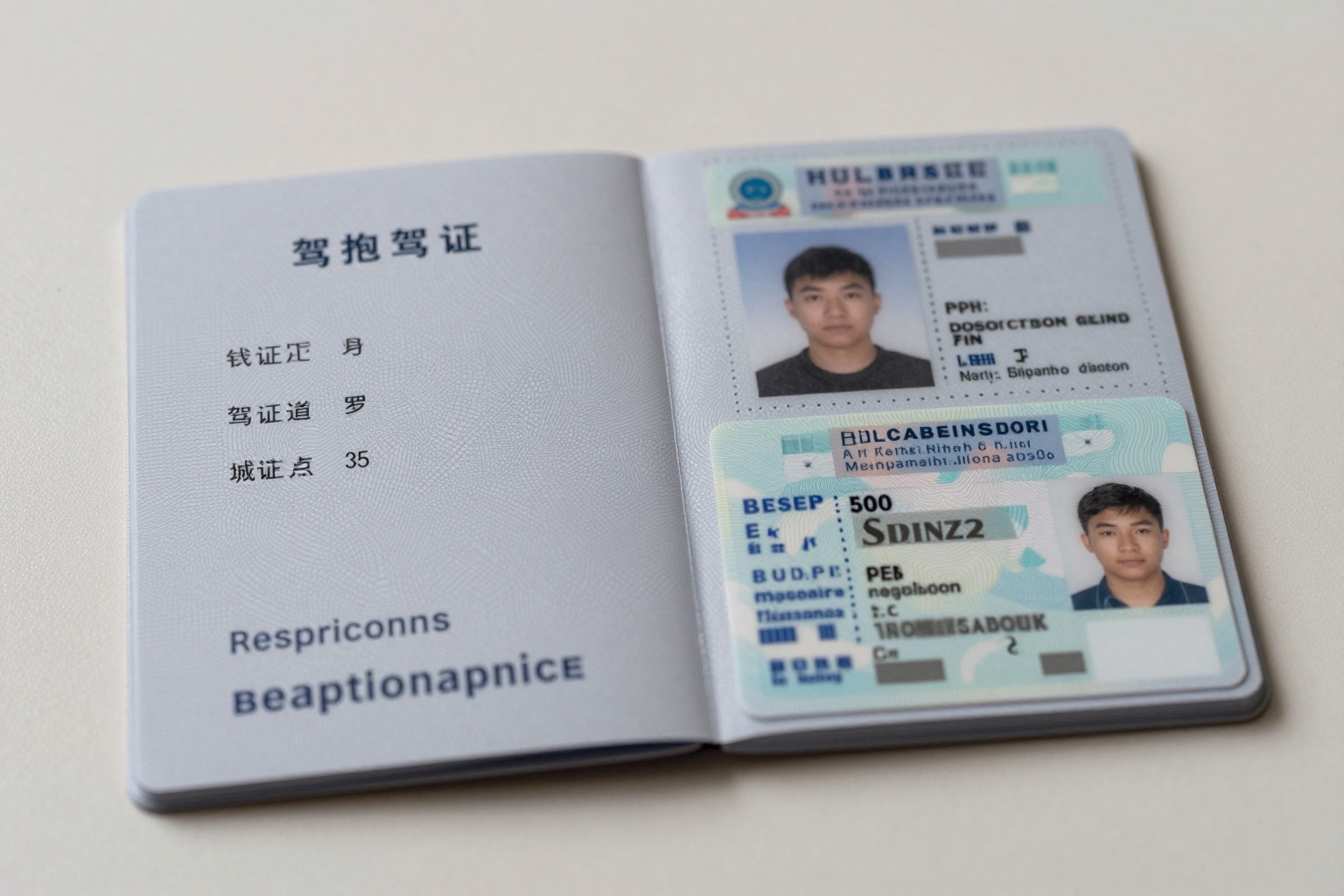 Internationaler Führerschein und Kartenführerschein auf einem Schreibtisch
