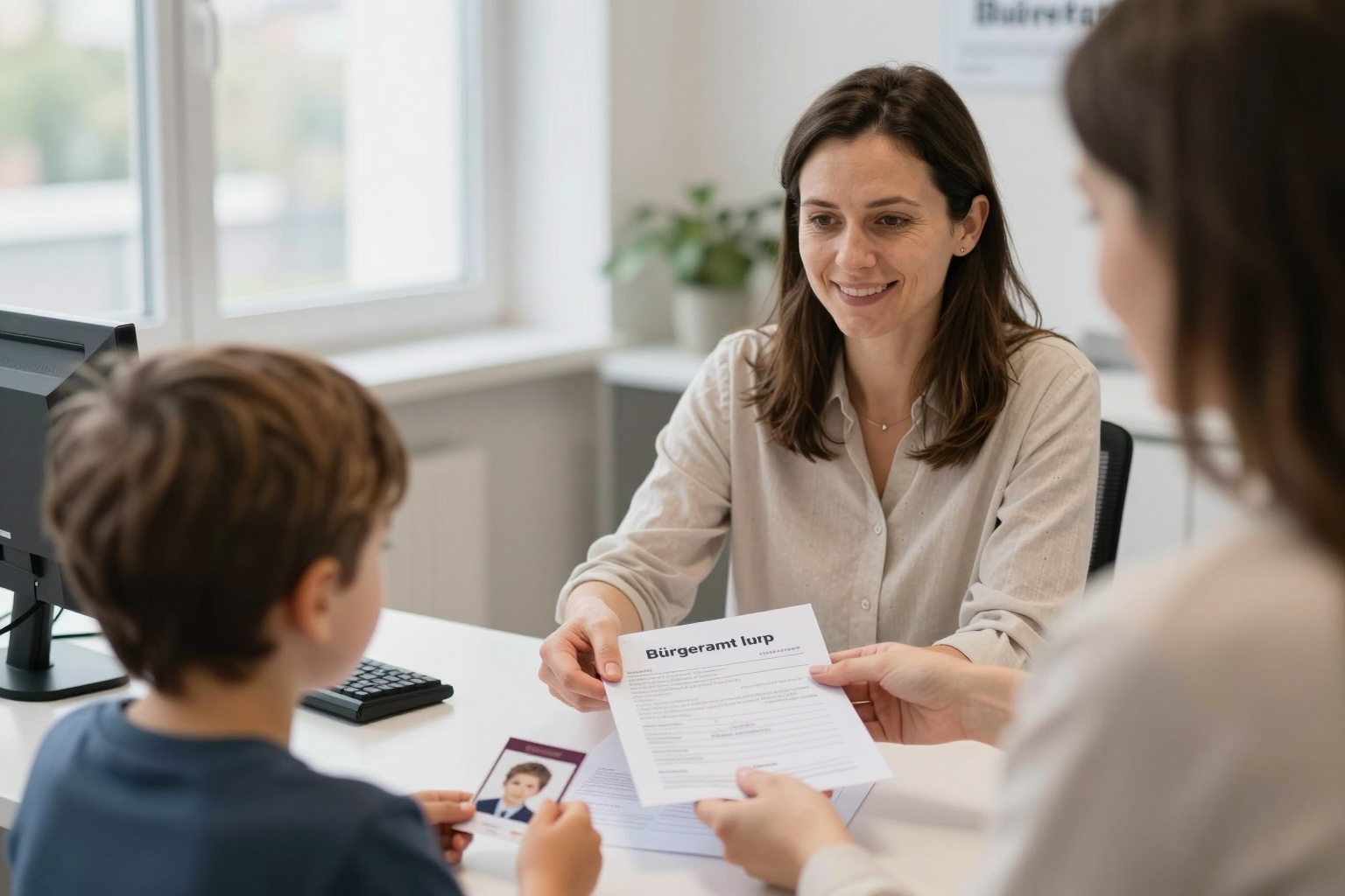 Mutter mit Kind im Bürgeramt beim Beantragen eines Reisedokuments für Kinder am Schalter