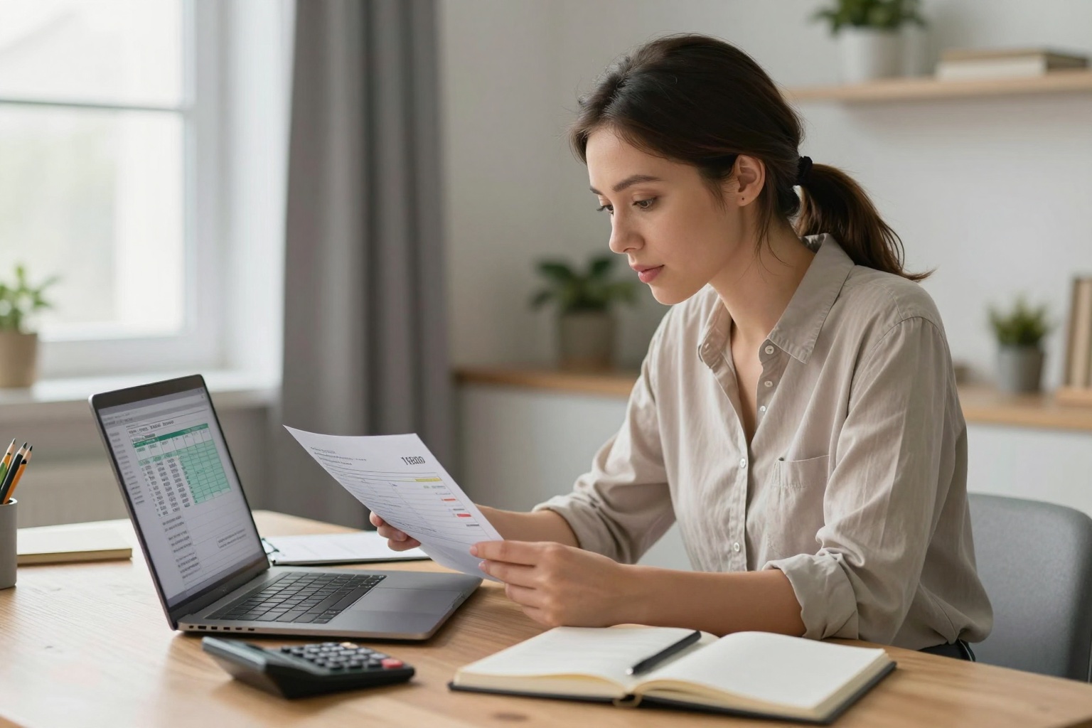 Selbstständige prüft am hellen Schreibtisch eine Rechnung und ein Steuerformular am Laptop
