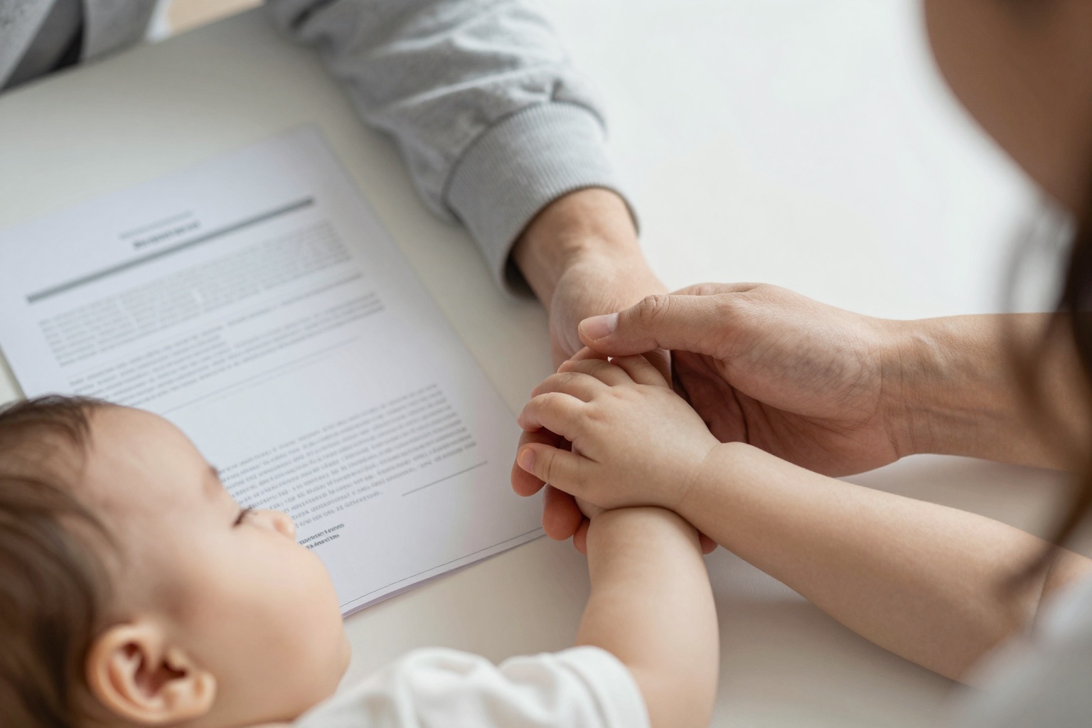 Vater hält die Hand eines Babys neben Unterlagen