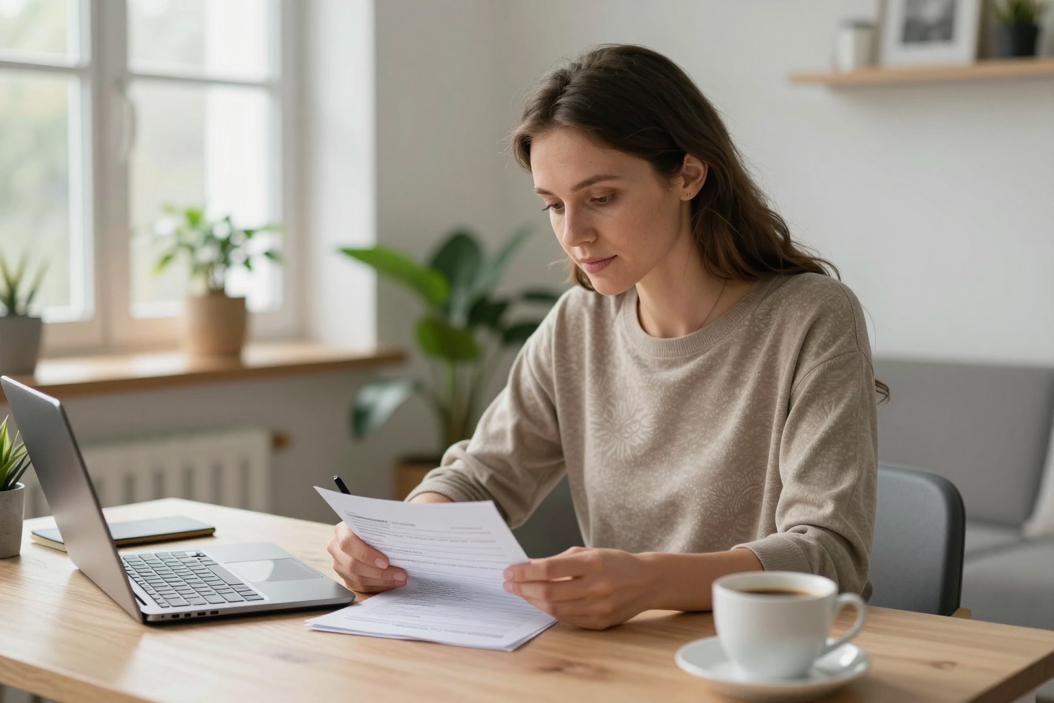 Freiberuflerin füllt am Schreibtisch im hellen Homeoffice den Fragebogen zur steuerlichen Erfassung für das Finanzamt aus